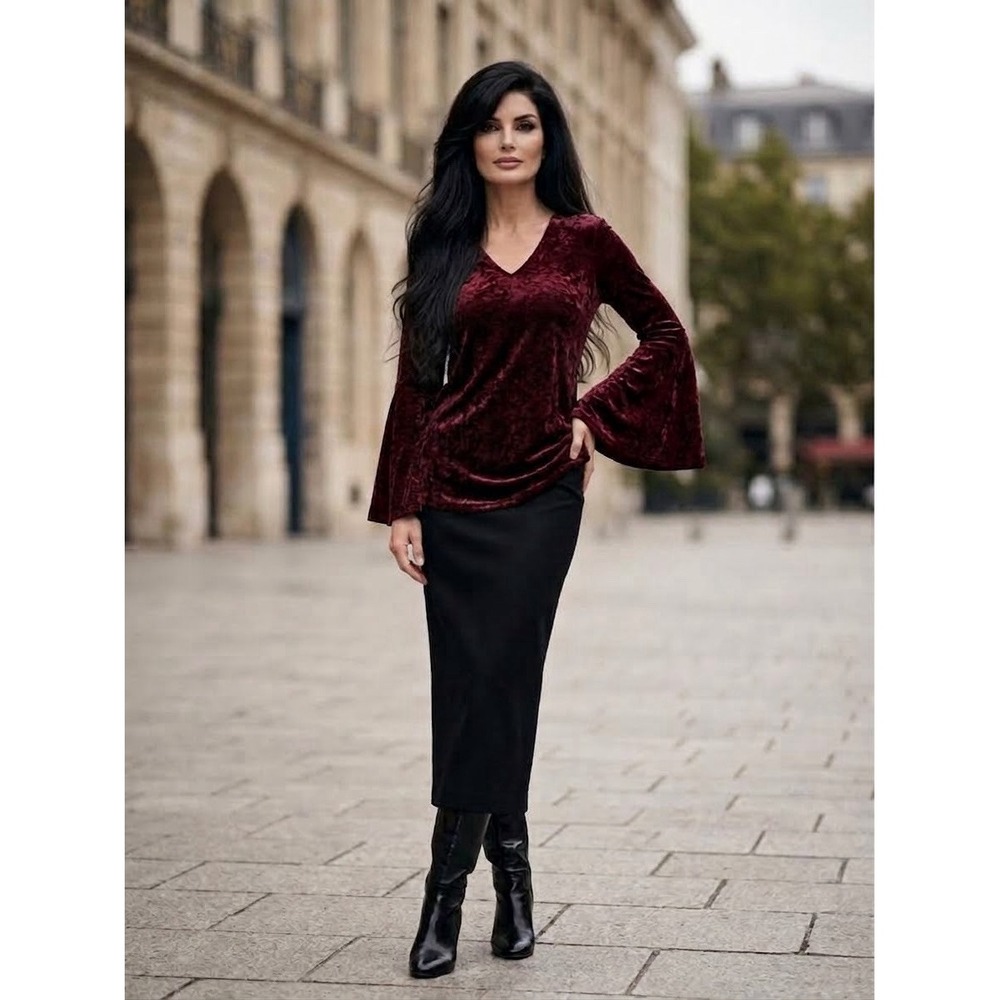 Crushed Velvet Burgundy Peasant Top Womens M Bell Sleeve Whimsigoth Vamp